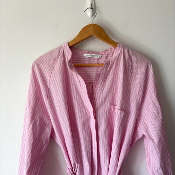 Zara Poplin Shirt Tunic Dress Pink White Striped Cotton Size Large - Picture 2 of 4